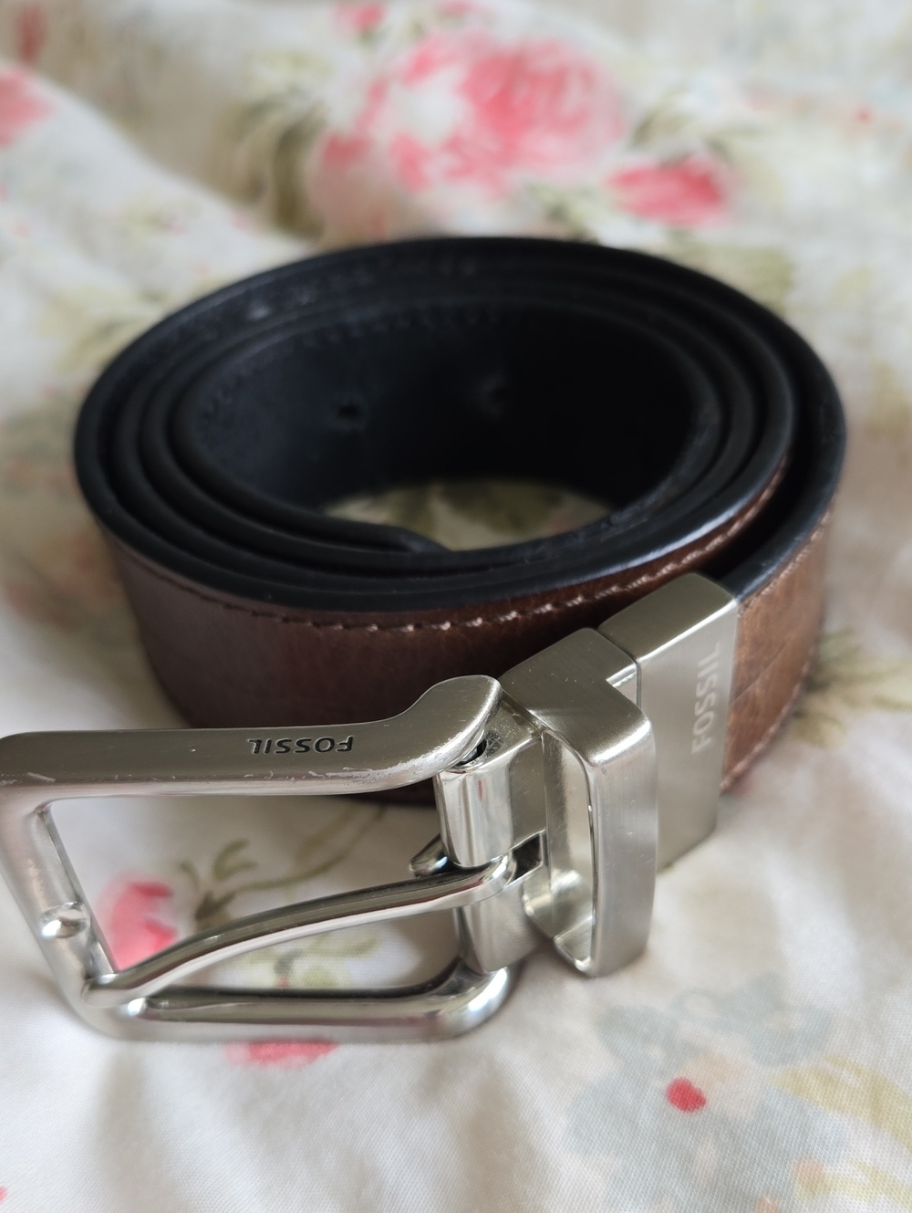 Fossil Brown Leather Reversible Belt with Silver Buckle